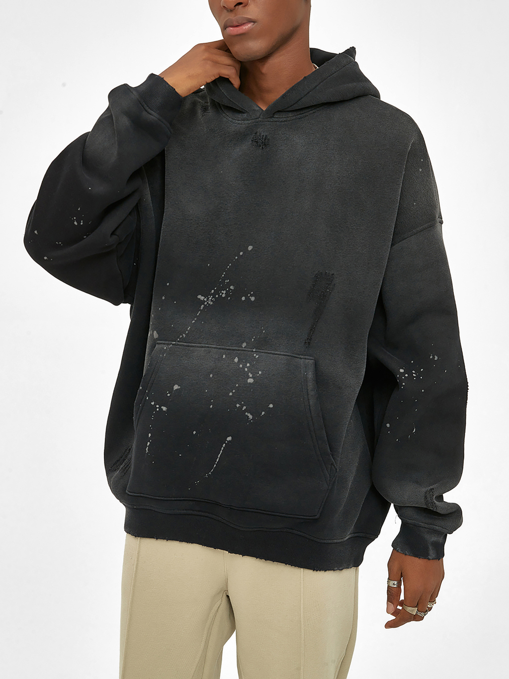 (Black)Streetwear Unisex Monkey Washed Frayed Effect Hoodie-5