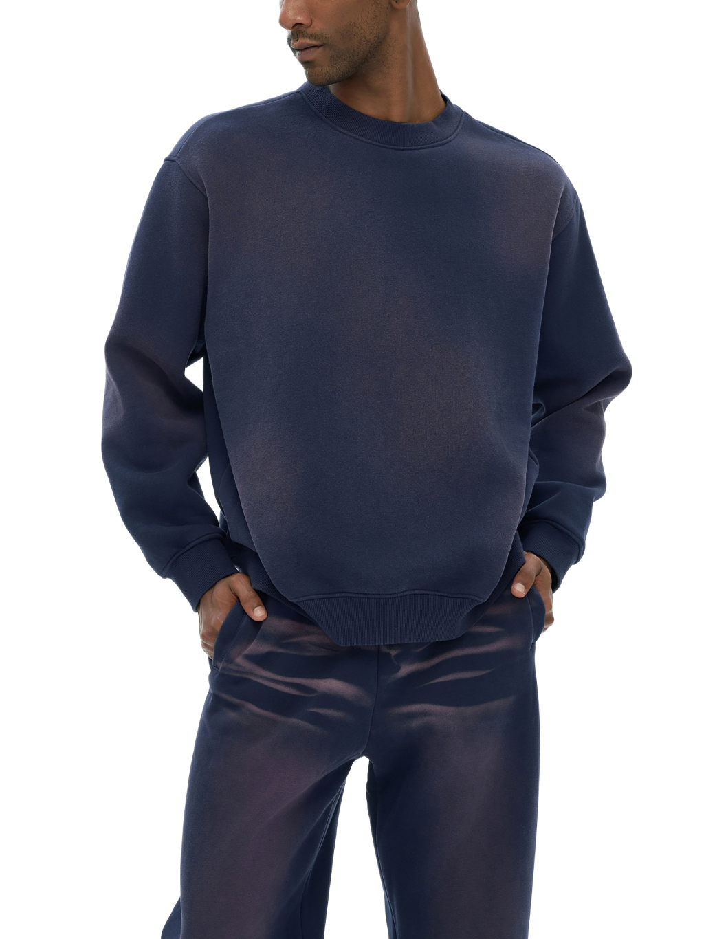 (Denim Blue)Streetwear Monkey Washed Dyed Fleece Pullover-6