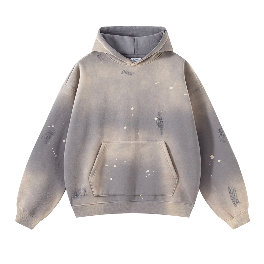 (Ash)Streetwear Unisex Monkey Washed Frayed  Effect Hoodie-6