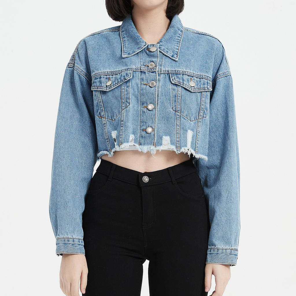 Custom Streetwear Women's Crop Raw Hem Denim Jacket - Print On Demand | HugePOD-4