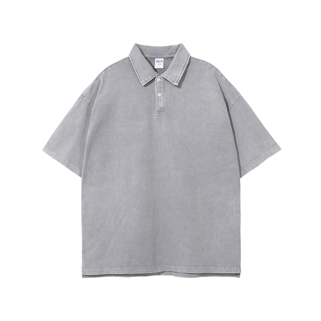 Streetwear Wax Dyed Washed Vintage Collared Button Split 100% Cotton T-Shirt | HugePOD-2