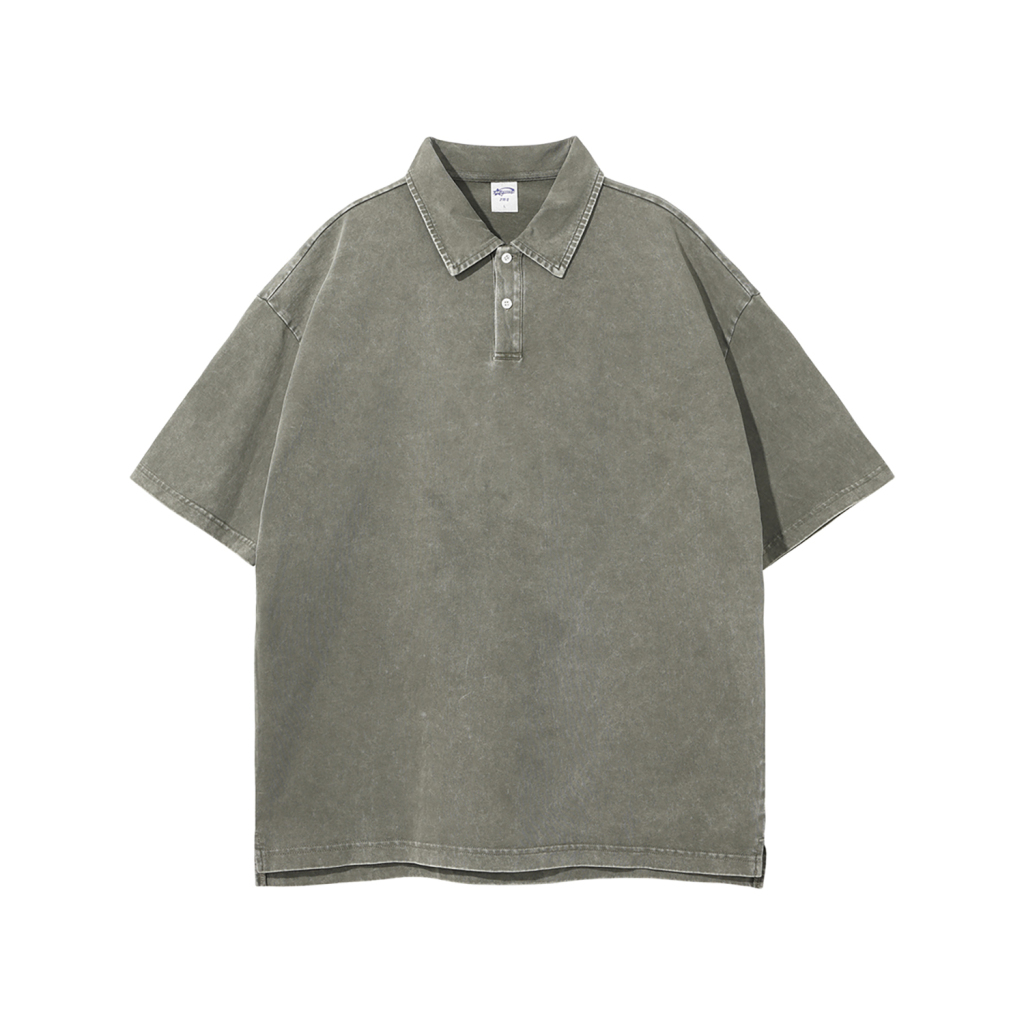 Streetwear Wax Dyed Washed Vintage Collared Button Split 100% Cotton T-Shirt | HugePOD-6