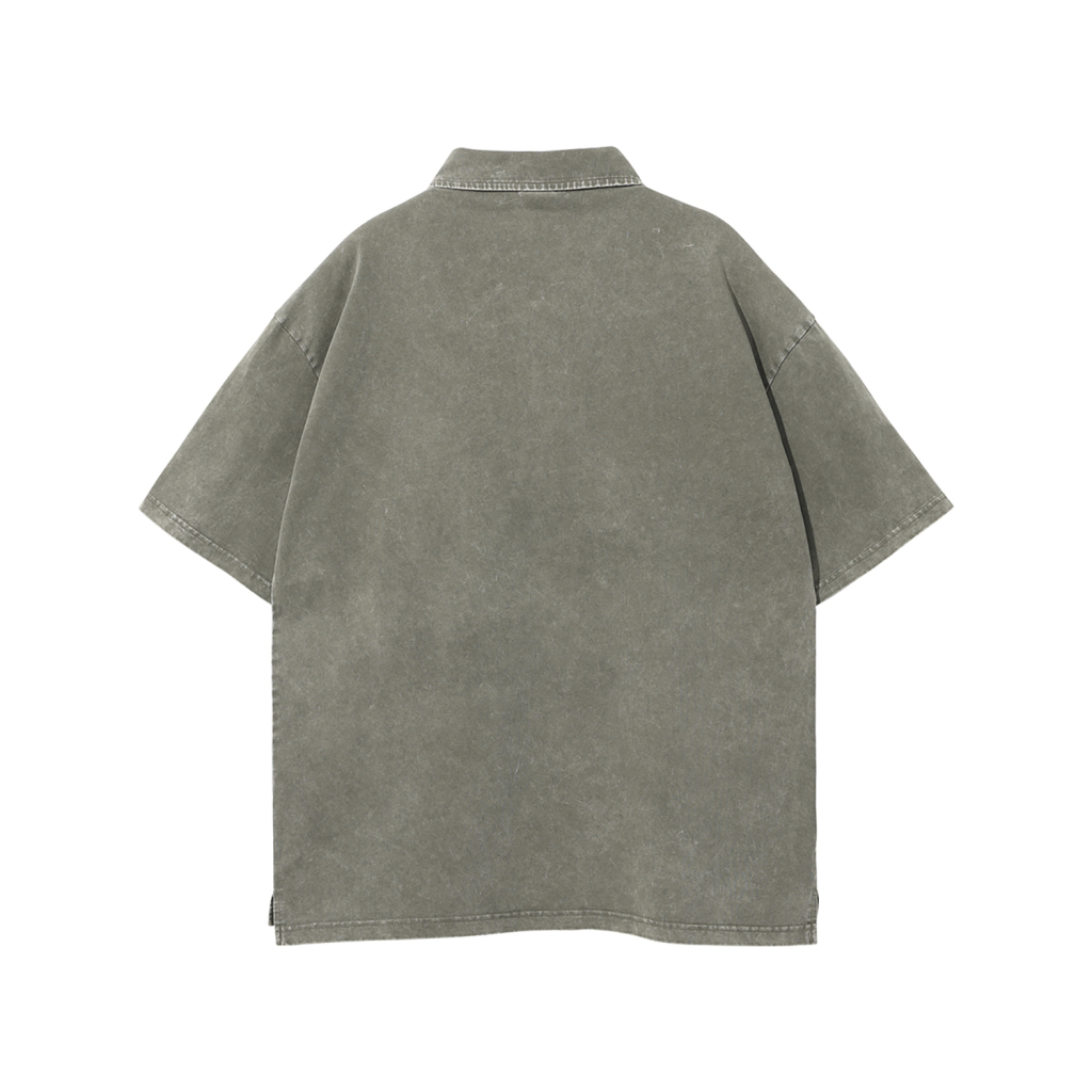 Streetwear Wax Dyed Washed Vintage Collared Button Split 100% Cotton T-Shirt | HugePOD-7