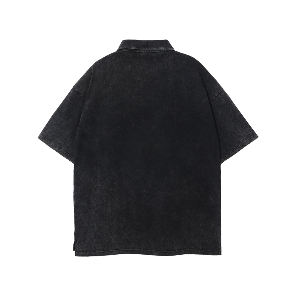 Streetwear Wax Dyed Washed Vintage Collared Button Split 100% Cotton T-Shirt | HugePOD-11