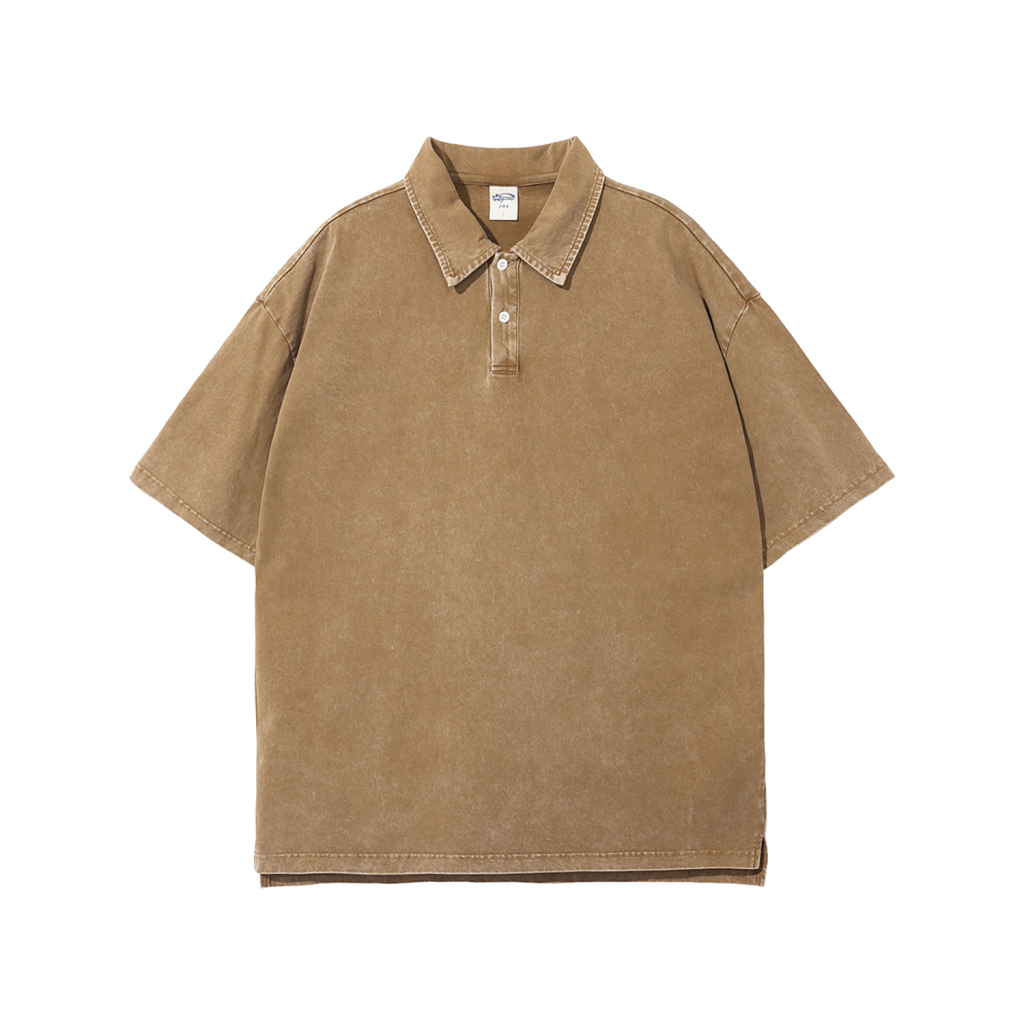 Streetwear Wax Dyed Washed Vintage Collared Button Split 100% Cotton T-Shirt | HugePOD-4