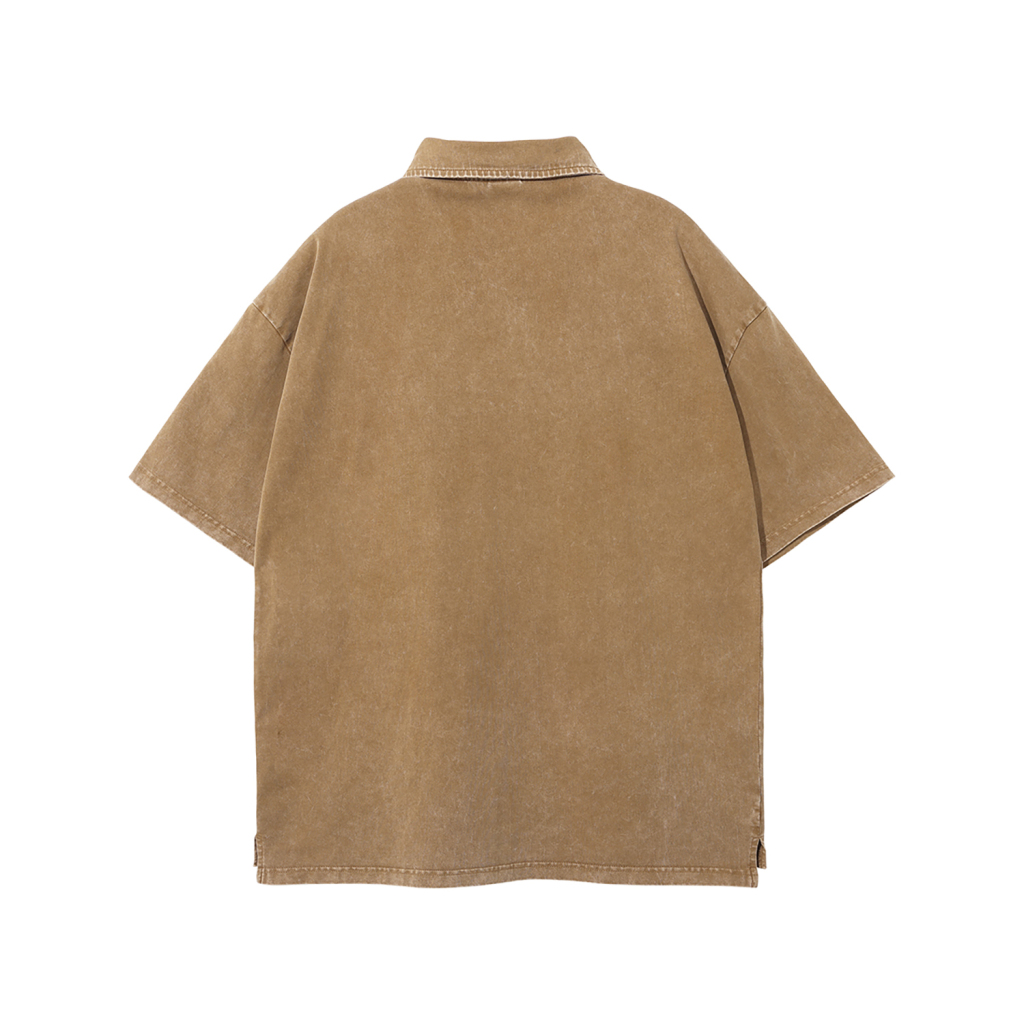 Streetwear Wax Dyed Washed Vintage Collared Button Split 100% Cotton T-Shirt | HugePOD-5