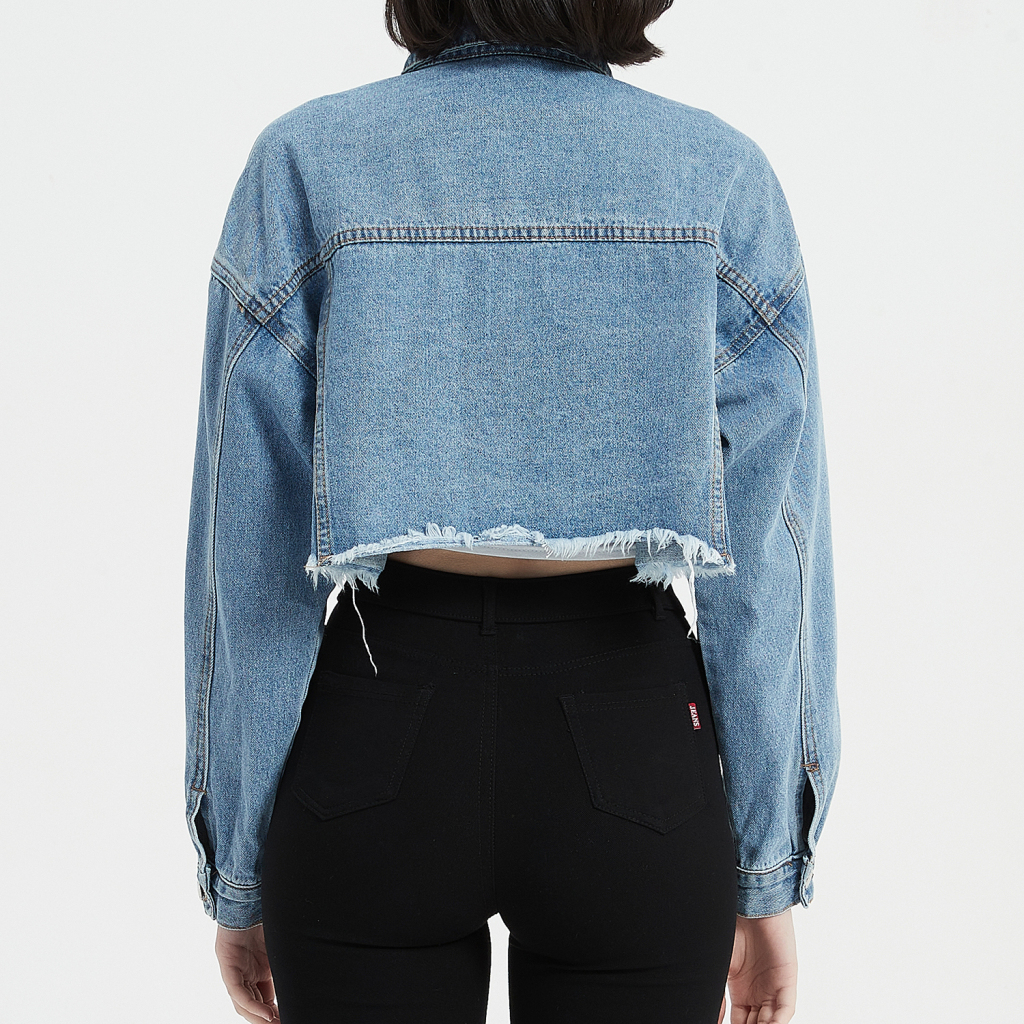 Custom Streetwear Women's Crop Raw Hem Denim Jacket - Print On Demand | HugePOD-5