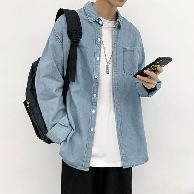 Men's Streetwear Classic Patched Pocket Denim Shirt - Print On Demand | HugePOD-6