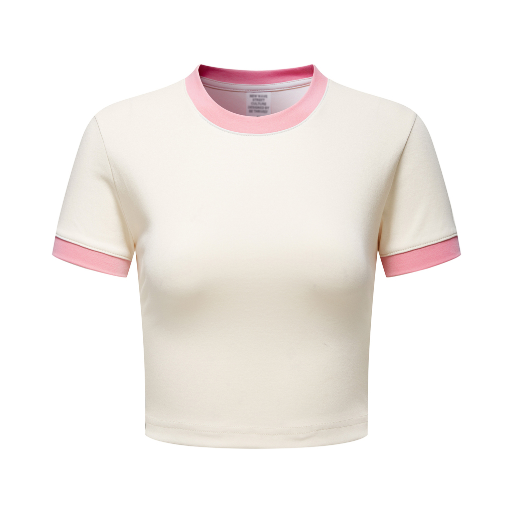 Streetwear Vintage Color-Block Fitted Cropped Curry&Pink Tee - Print On Demand | HugePOD-4