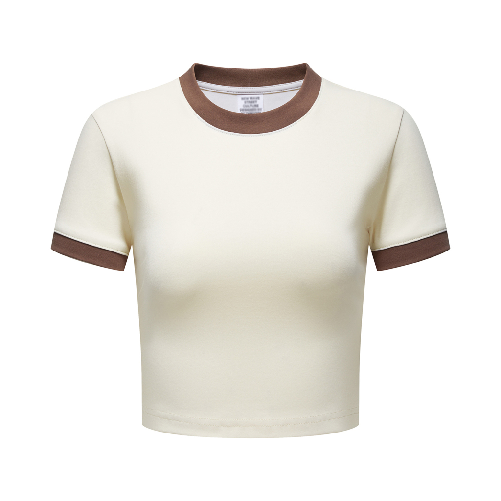 Streetwear Vintage Color-Block Fitted Cropped Curry&Pink Tee - Print On Demand | HugePOD-5