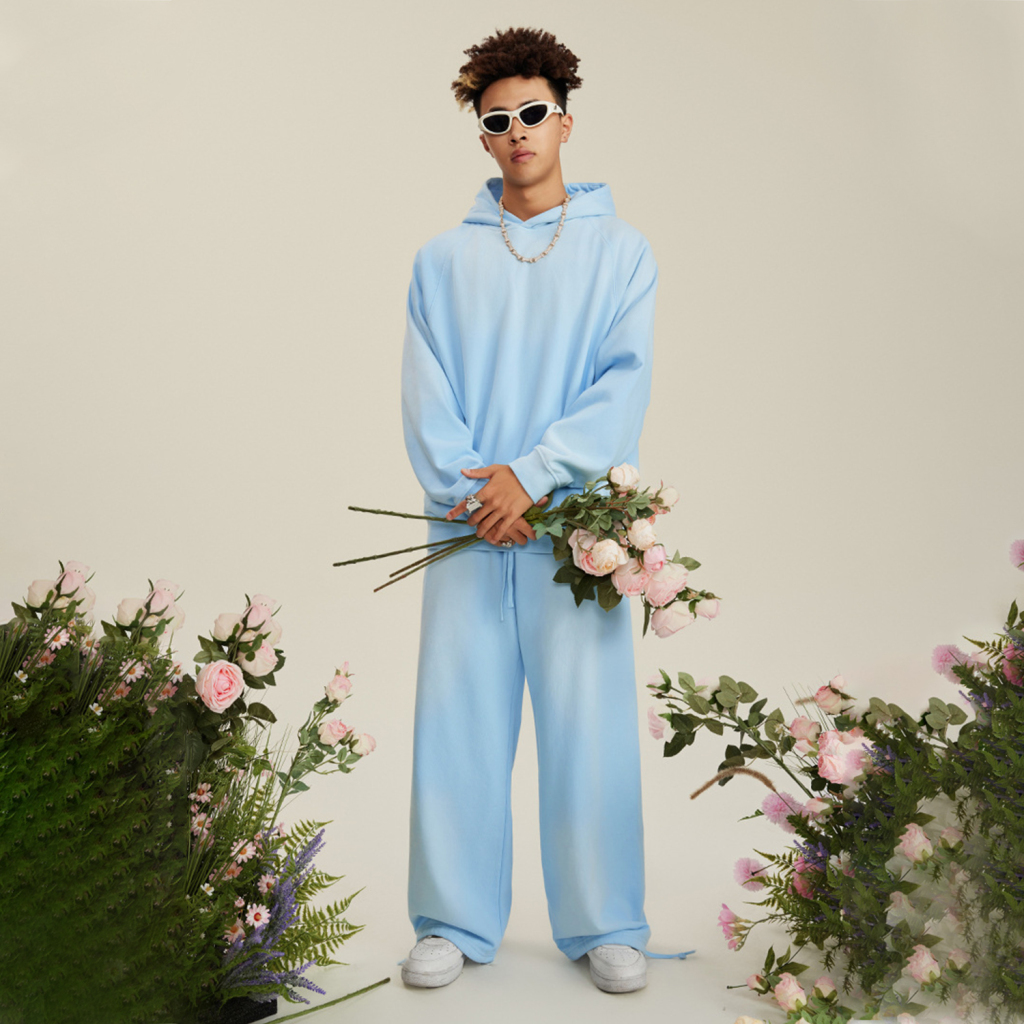 (Sky Blue&Rose Pink)Streetwear Unisex Heavyweight 445G Ombre Washed Drawstring Waist Fleece Joggers-2