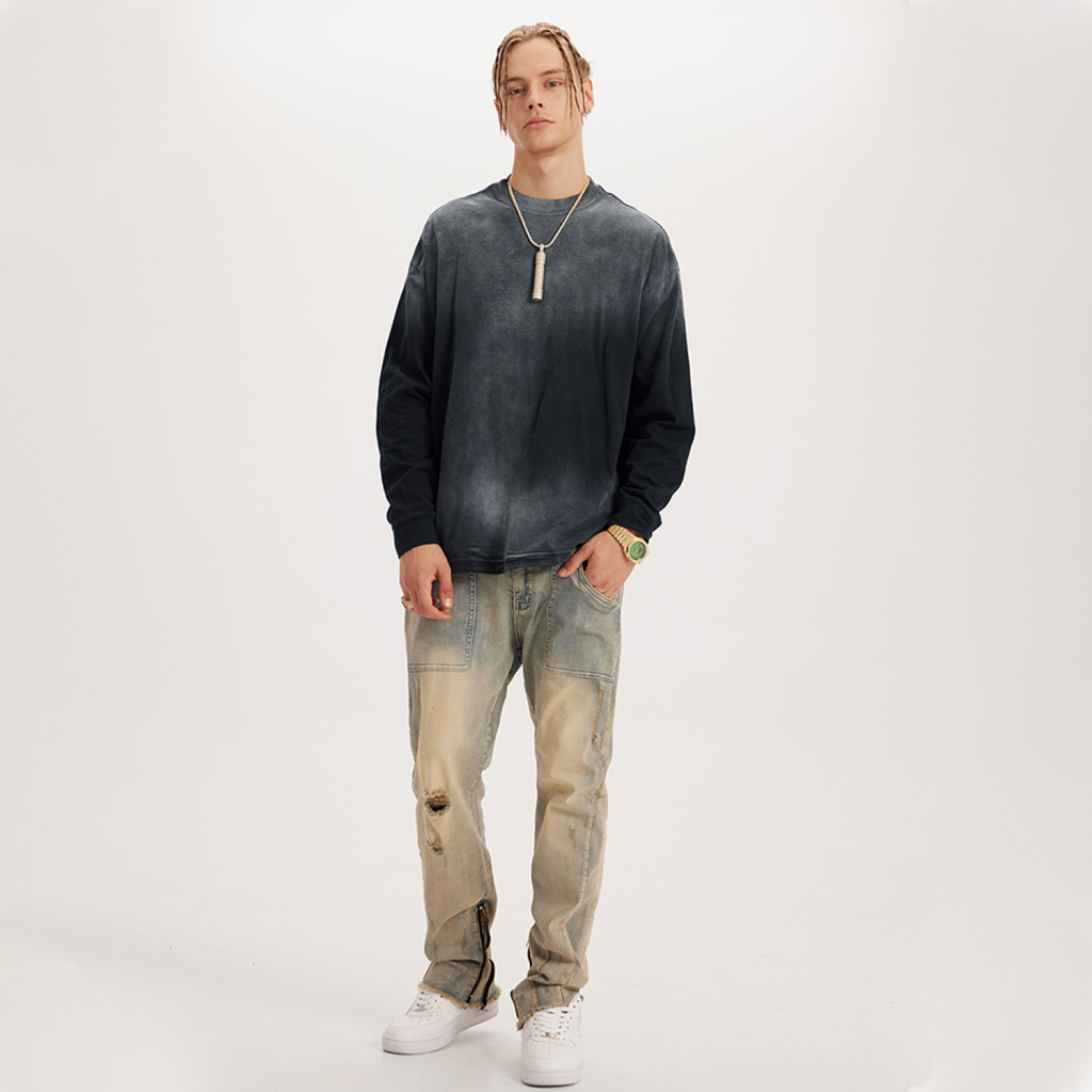 Streetwear Unisex Gradient Washed Effect Long Sleeve Tee - Print On Demand | HugePOD-7