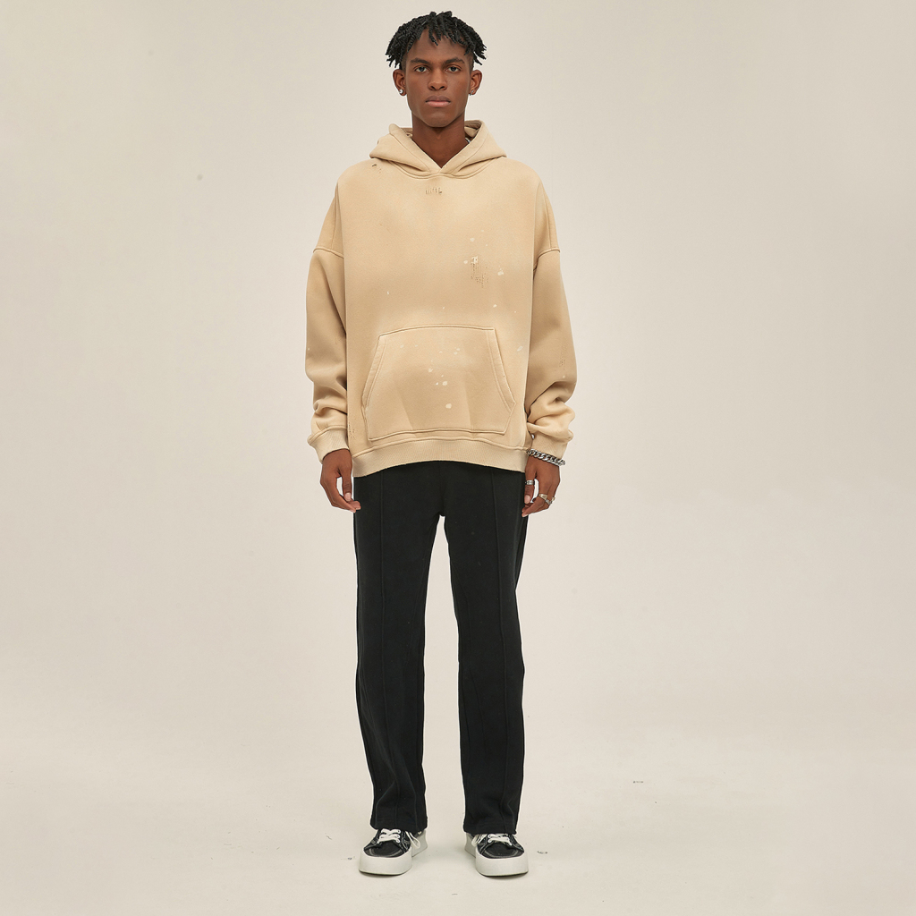 (Ash Apricot)Streetwear Monkey Washed Frayed  Effect Hoodie-3