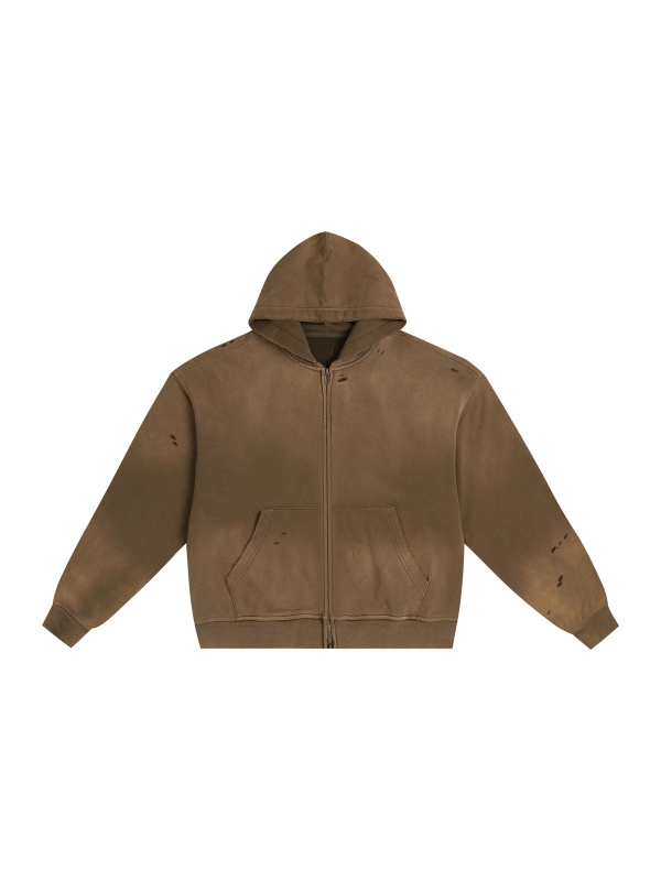 Post-Apocalyptic Aesthetic Pure Cotton Hand-Frayed Monkey Washed Zip Hoodie