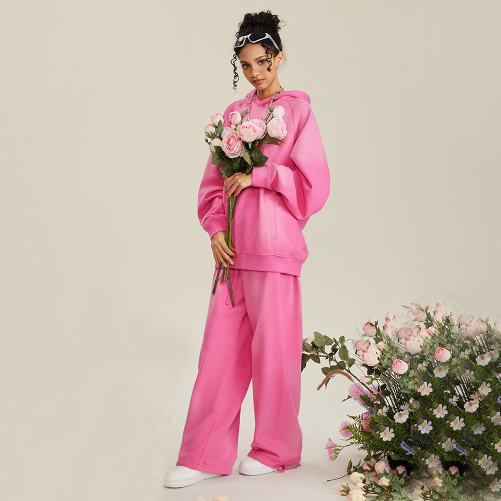 (Sky Blue&Rose Pink)Streetwear Unisex Heavyweight 445G Ombre Washed Drawstring Waist Fleece Joggers-4