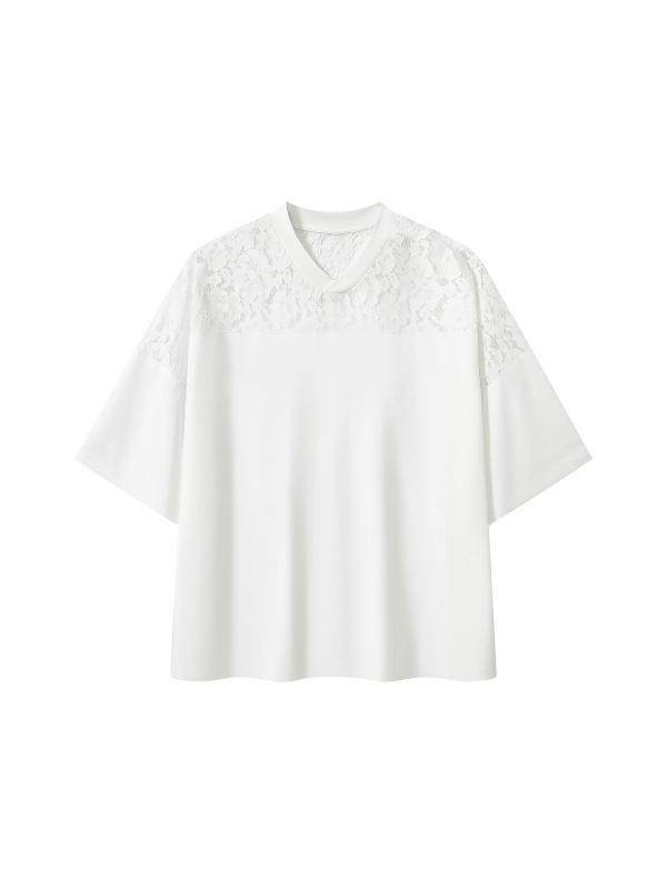 Unisex Lace Paneling V-Neck T-Shirt
