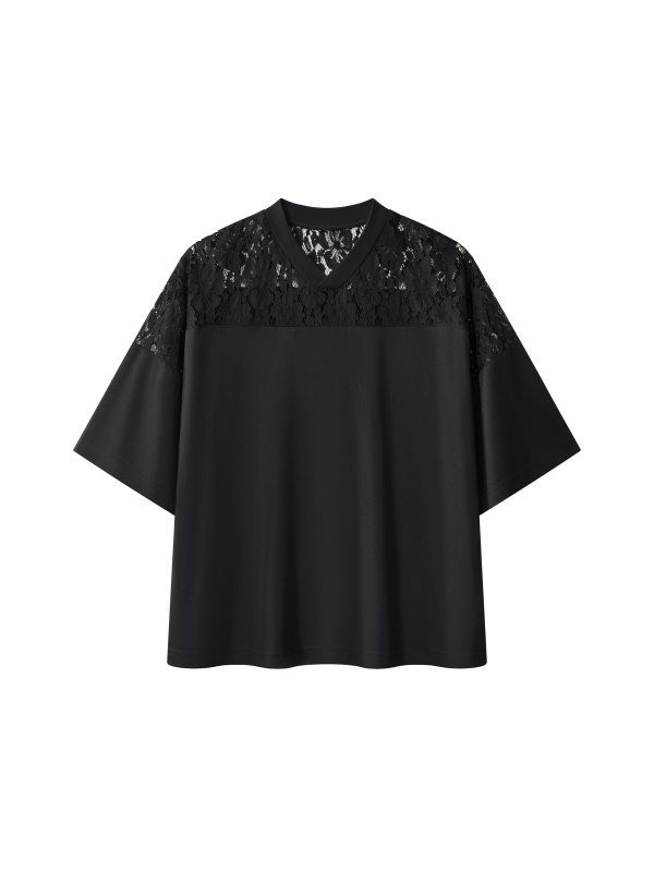 Unisex Lace Paneling V-Neck T-Shirt