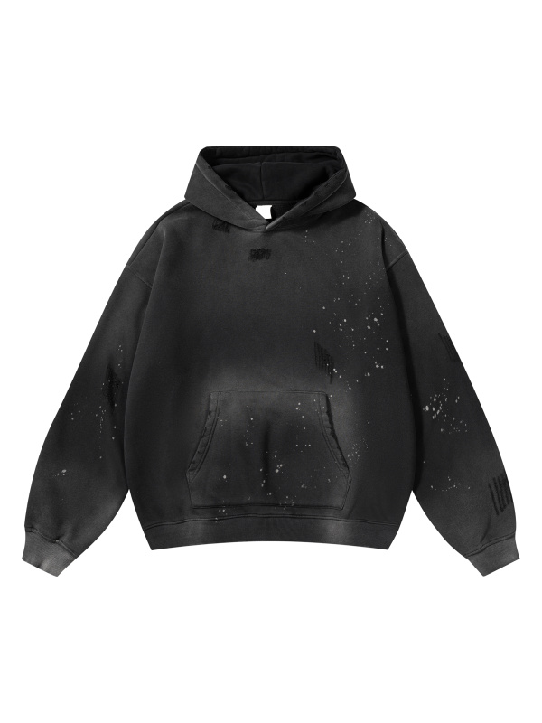 (Black)Streetwear Unisex Monkey Washed Frayed Effect Hoodie