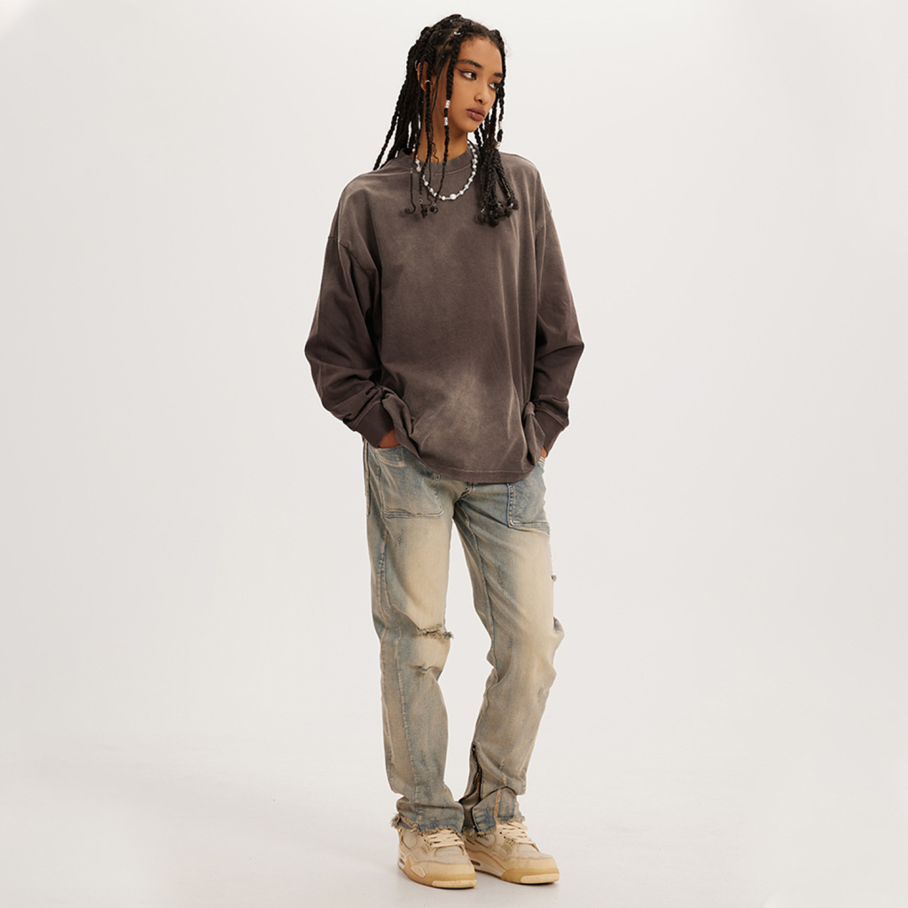 Streetwear Unisex Gradient Washed Effect Long Sleeve Tee - Print On Demand | HugePOD-3