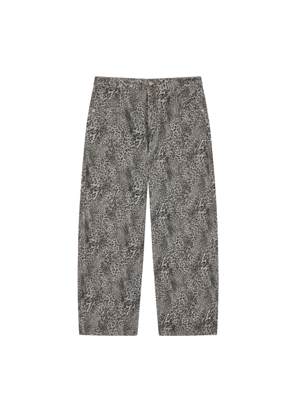Unisex Vintage Wash Leopard Wide Leg Jeans