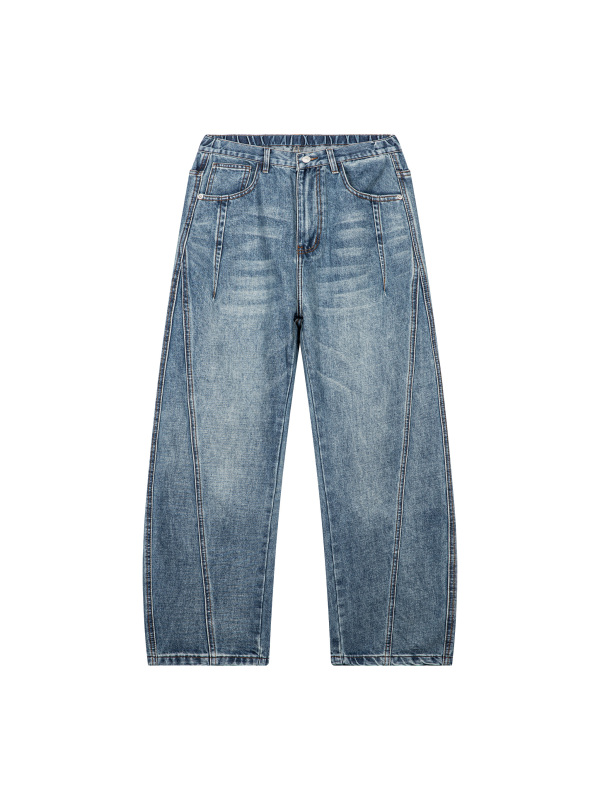 Unisex Vintage Wash Barrel Leg Denim Jeans