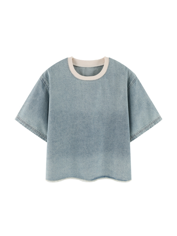 Unisex Vintage Wash Boxy Raw Hem Denim T-Shirt