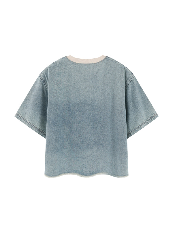 Unisex Vintage Wash Boxy Raw Hem Denim T-Shirt