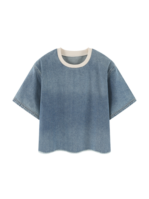Unisex Vintage Wash Boxy Raw Hem Denim T-Shirt