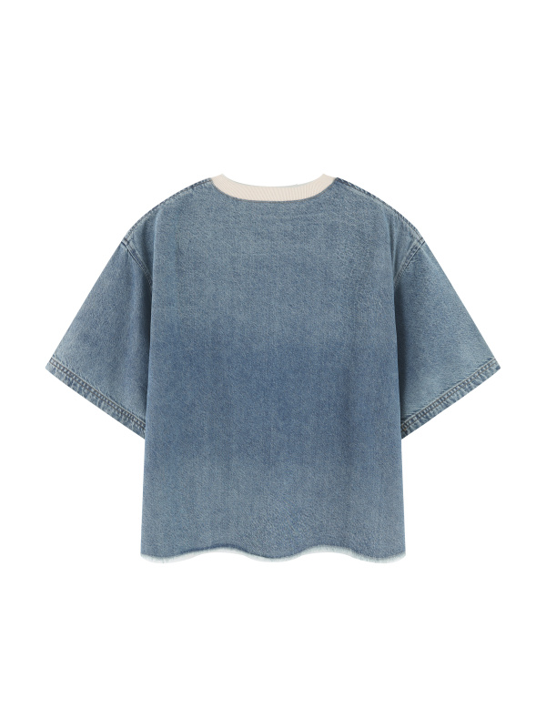Unisex Vintage Wash Boxy Raw Hem Denim T-Shirt