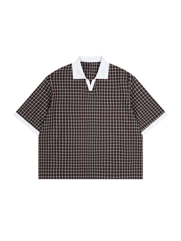 Unisex Boxy Plaid Color Block Polo Shirt