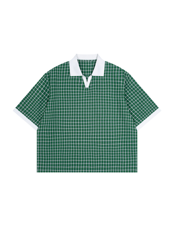 Unisex Boxy Plaid Color Block Polo Shirt