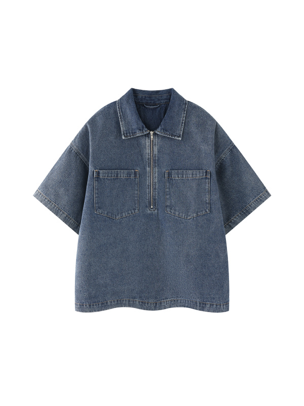 Unisex Vintage Wash Boxy Quarter-Zip Denim Shirt