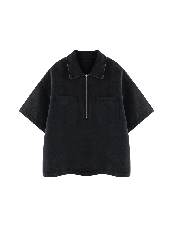 Unisex Vintage Wash Boxy Quarter-Zip Denim Shirt