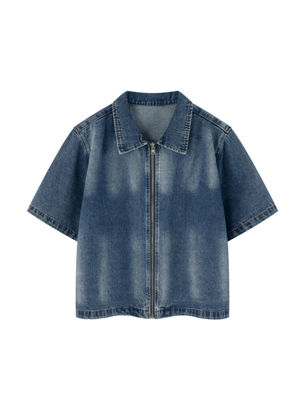Unisex Vintage Washed Full-Zip Denim Shirt