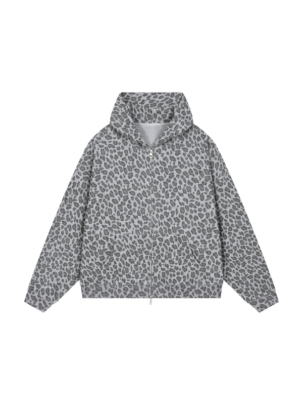 Unisex Leopard Print Waffle Full Zip Hoodie