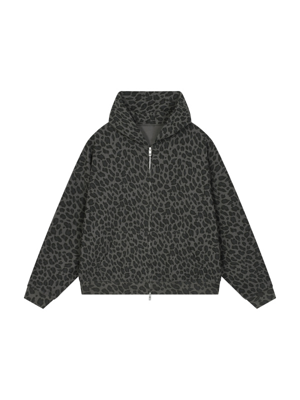 Unisex Leopard Print Waffle Full Zip Hoodie