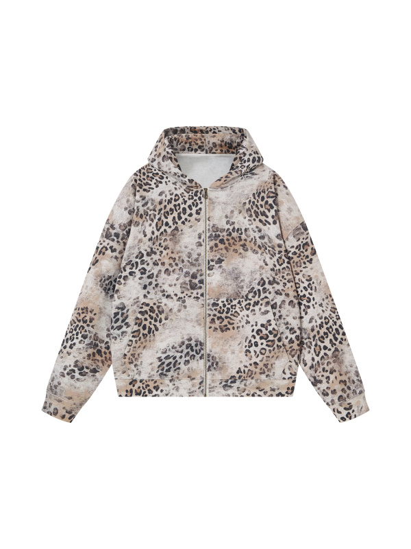 Unisex Vintage Wash Leopard Full Zip Hoodie