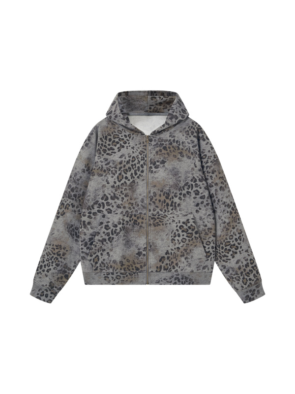 Unisex Vintage Wash Leopard Full Zip Hoodie