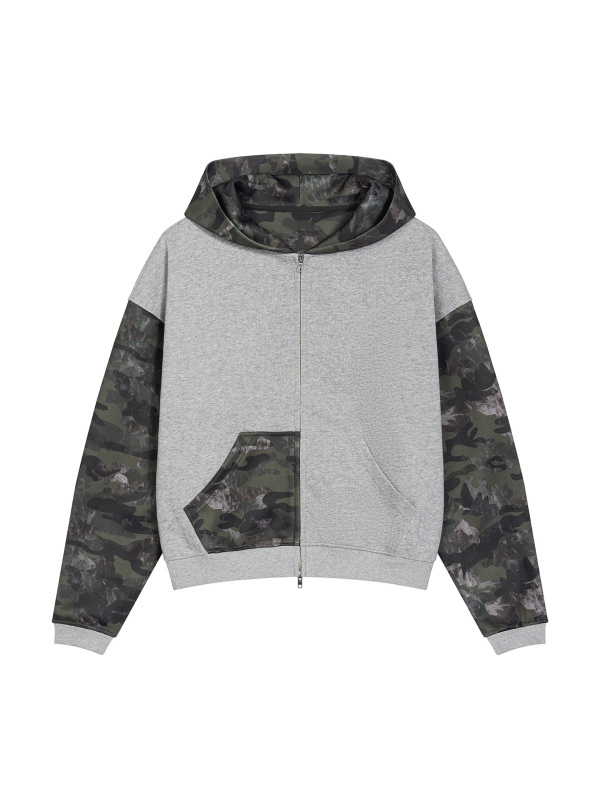 Unisex Colorblock Camo Full Zip Boxy Hoodie