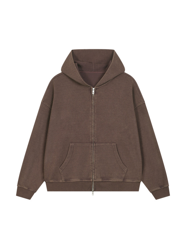 Unisex Vintage Wash Boxy Waffle Full Zip Hoodie