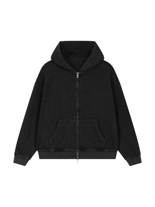 Unisex Vintage Wash Boxy Waffle Full Zip Hoodie