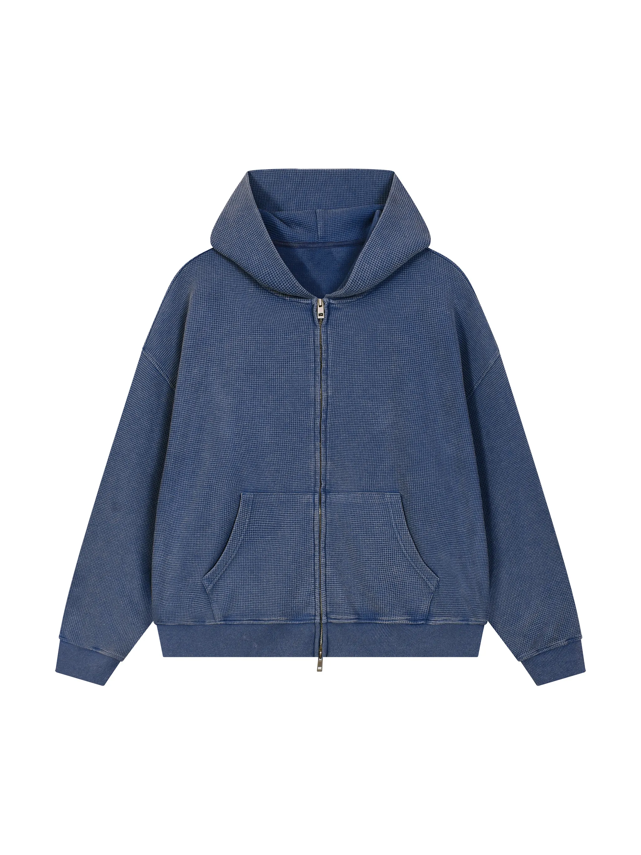Unisex Vintage Wash Boxy Waffle Full Zip Hoodie