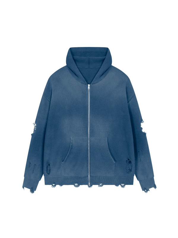 Unisex Distressed Full Zip Sweater