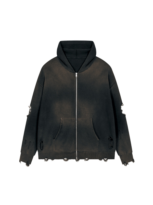 Unisex Distressed Full Zip Sweater
