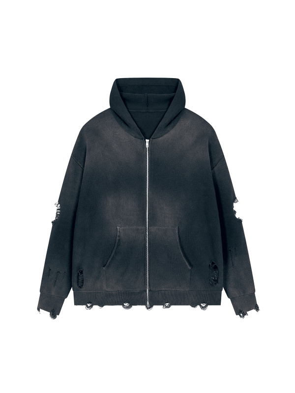 Unisex Distressed Full Zip Sweater