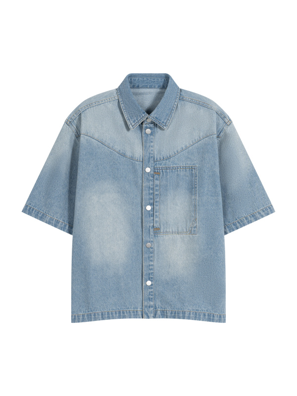 Unisex Vintage Wash Boxy Short Denim Shirt