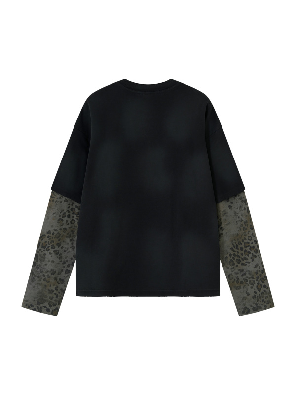 Unisex Vintage Wash Leopard Paneled Layer T-Shirt