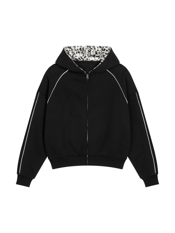 Unisex Boxy Fleece Piping Full Zip Hoodie