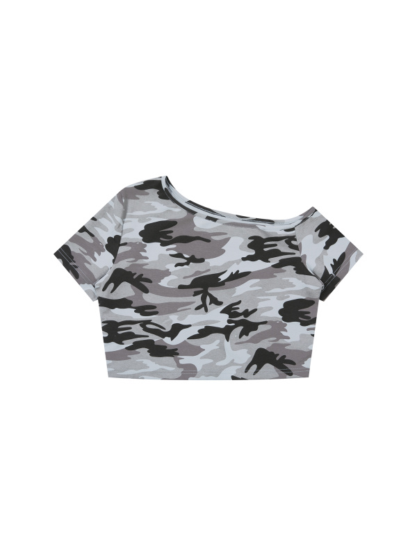 Women's Camo Off-Shoulder Crop T-Shirt