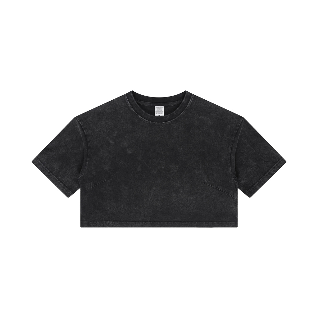 Streetwear Women's Vintage Snow Washed  Loose Boxy Cropped Black Tee - Print On Demand | HugePOD-3